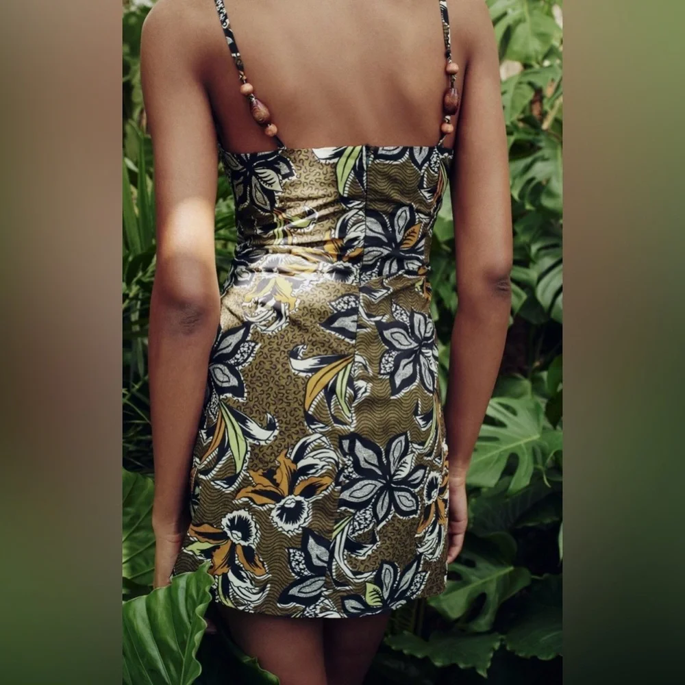 Zara Ethnic Print Beaded Floral Dress - Black, White, Green, Brown Small - Picture 3 of 16